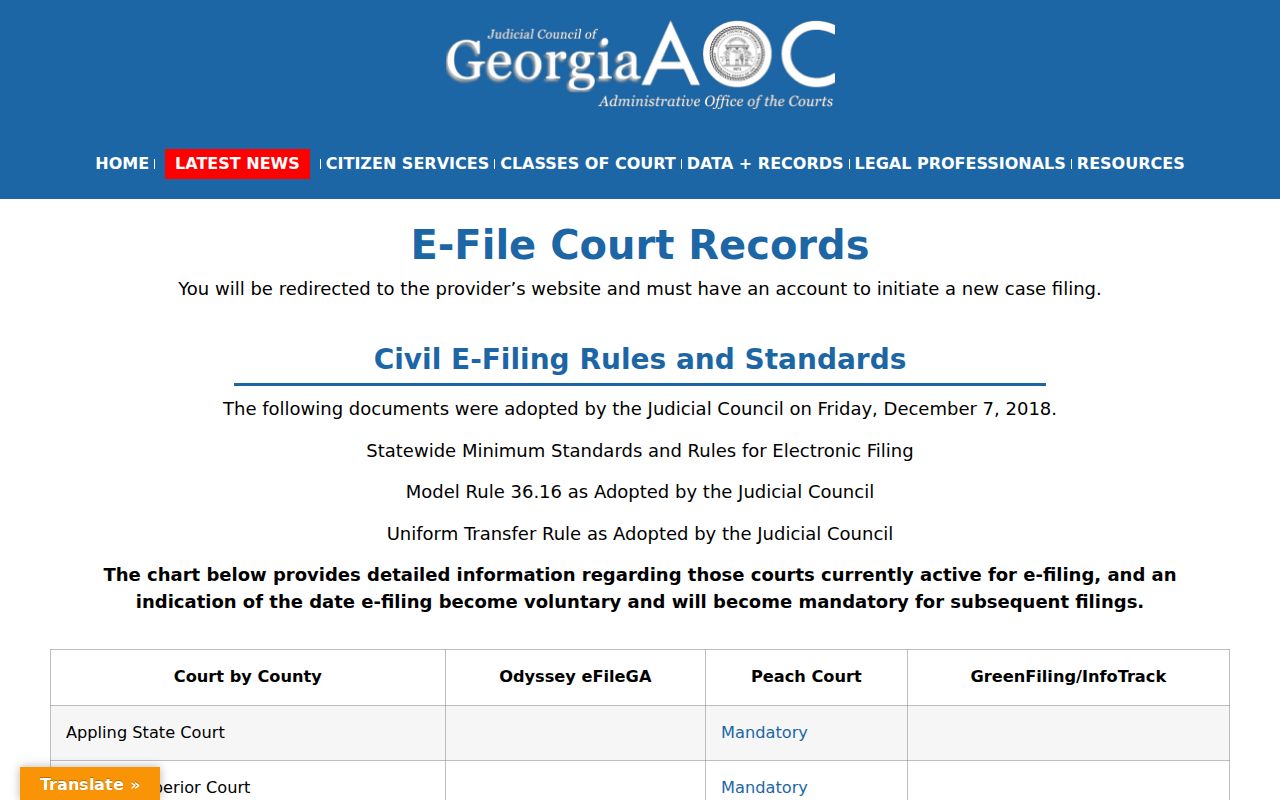 Georgia Courts E-File directory for Tattnall courts