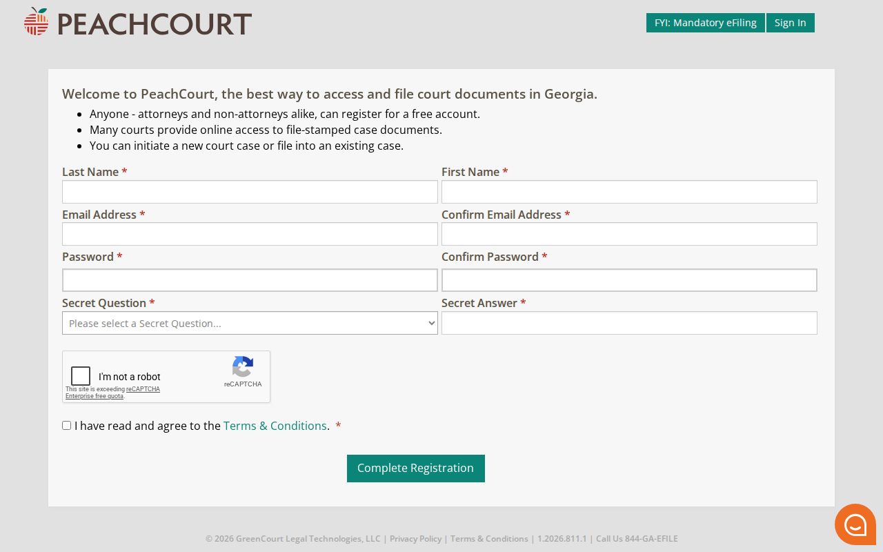 PeachCourt registration page for account-based court access