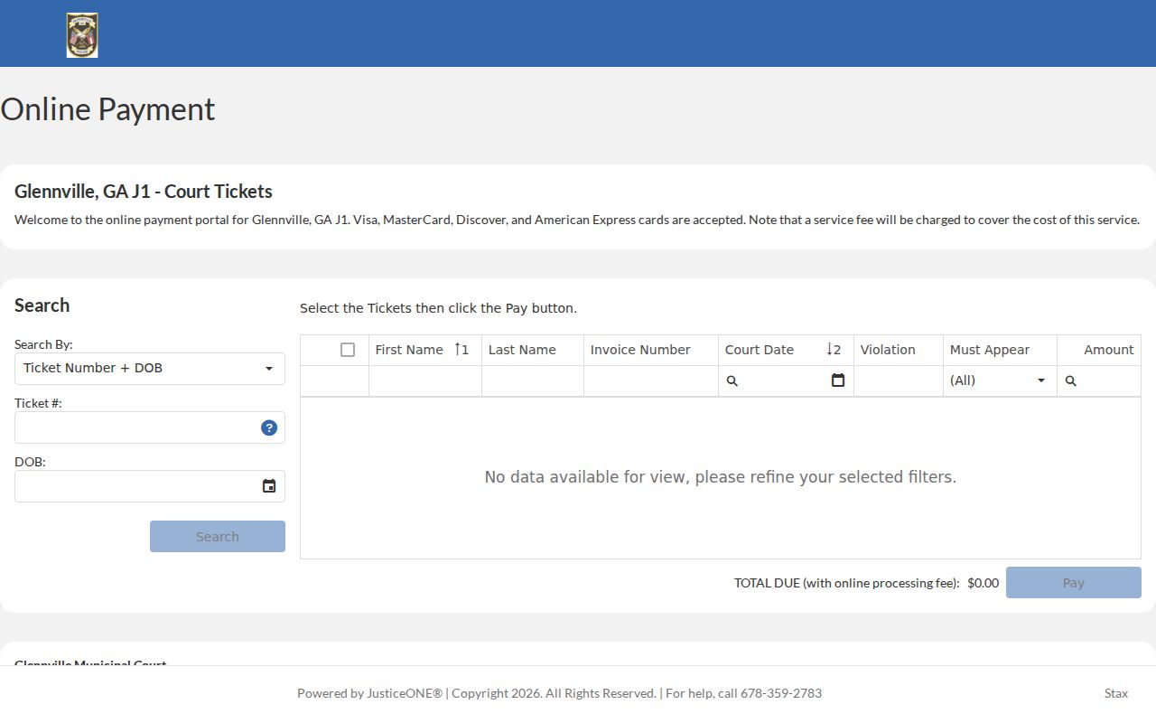 Glennville JusticeONE traffic ticket payment portal